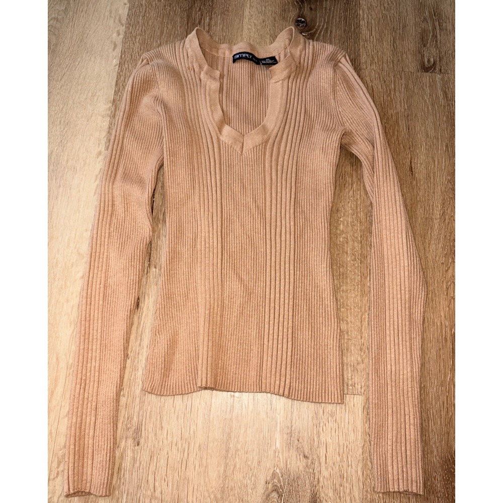 Simply by E Tan Ribbed Knit‎ Long Sleeve Notched V-Neck Top XL